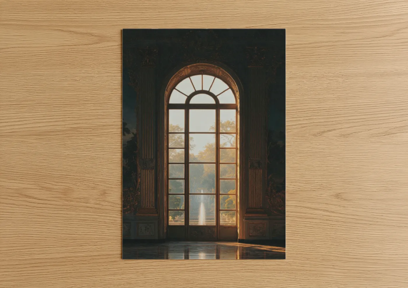 Art print on warm oak wood — gold and black and white palette — Golden Hour Window poster