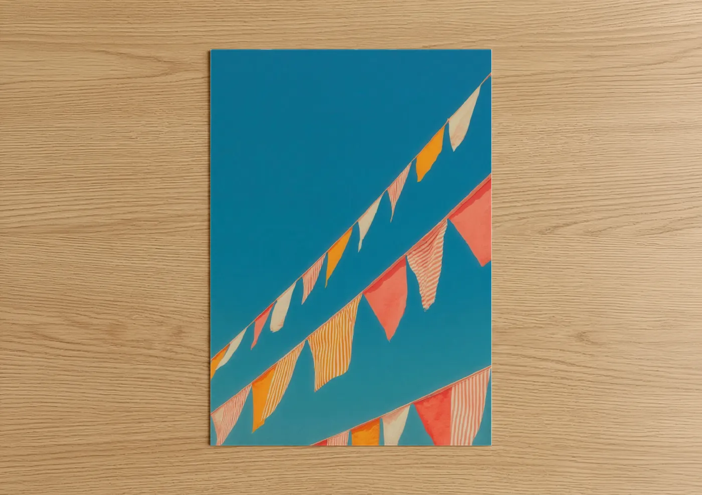 Carnival art print on warm oak wood — teal and orange palette — Festive Bunting Sky poster
