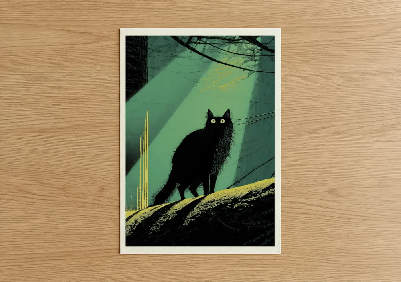 Cat art print on warm oak wood — dark green and yellow gold palette — Midnight Vigilant poster