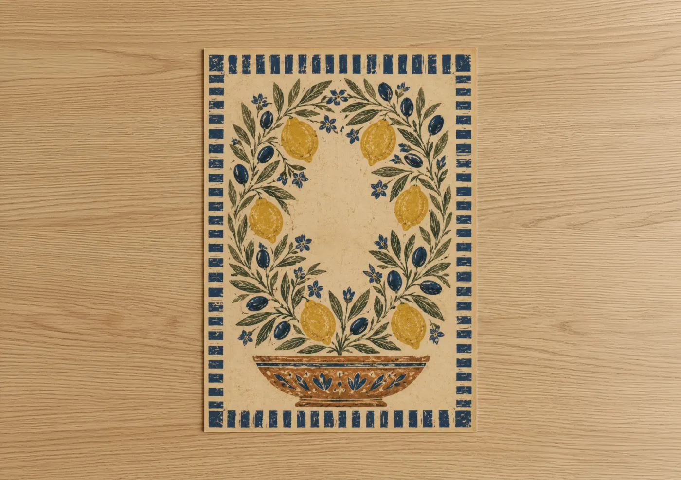 Art print on warm oak wood — blue and gold palette — Mediterranean Lemon And Olive Tree Wall Art poster