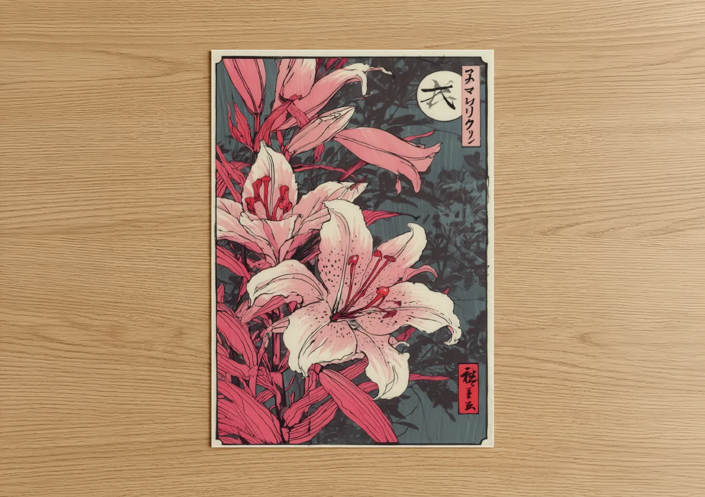 Moonlit Amarillys Japanese Woodblock Wall Art