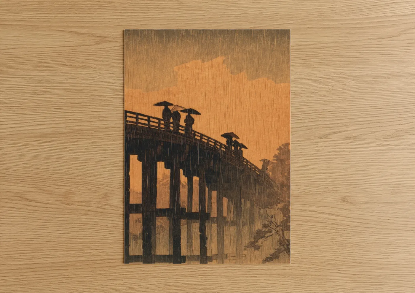 Storm art print on warm oak wood — gold and black palette — Rainy Bridge Silhouettes poster