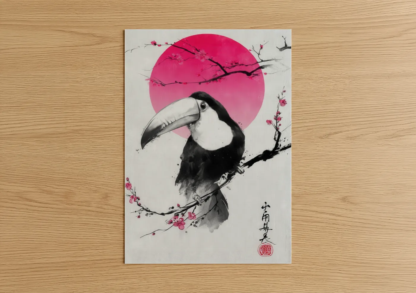 Art print on warm oak wood — magenta and black and white palette — Blossom Toucan poster