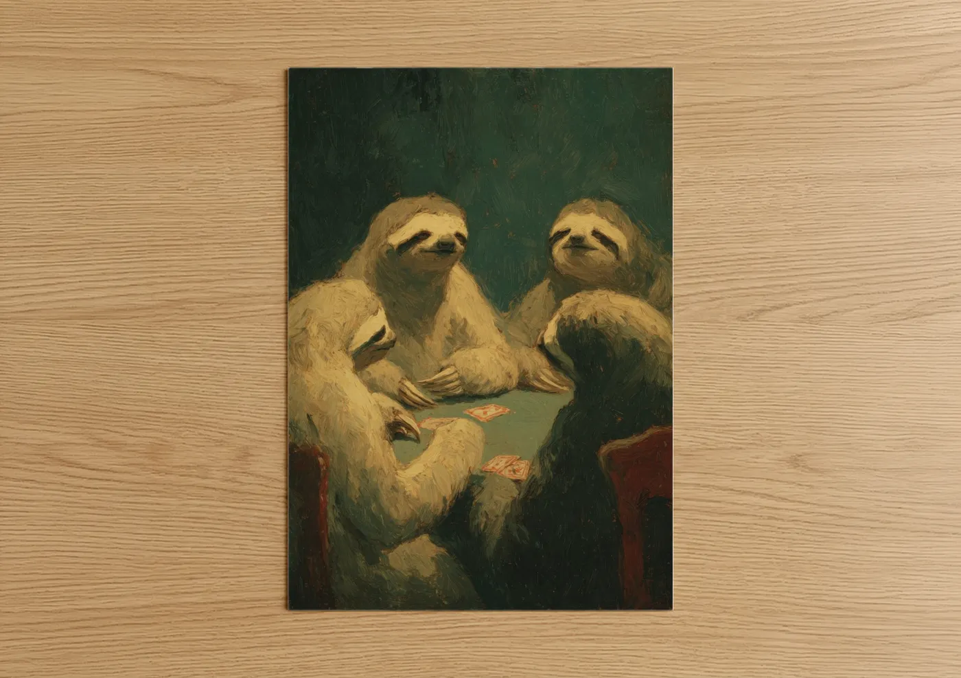 Sloth Card Game Players Oil Painting Wall Art