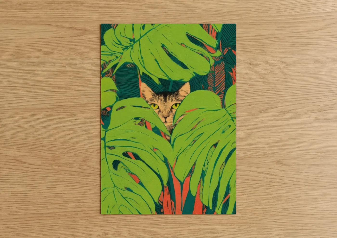 Cat in Monstera Leaves Botanical Wall Art