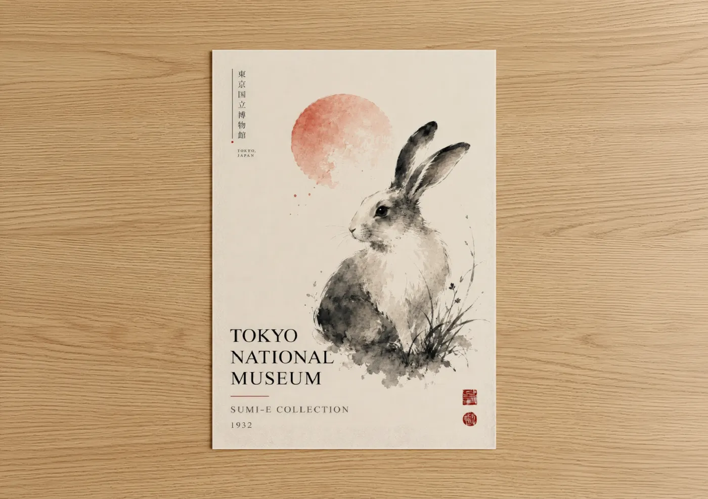 Art print on warm oak wood — beige and black and white palette — Japanese Rabbit Watercolor Wall Art poster