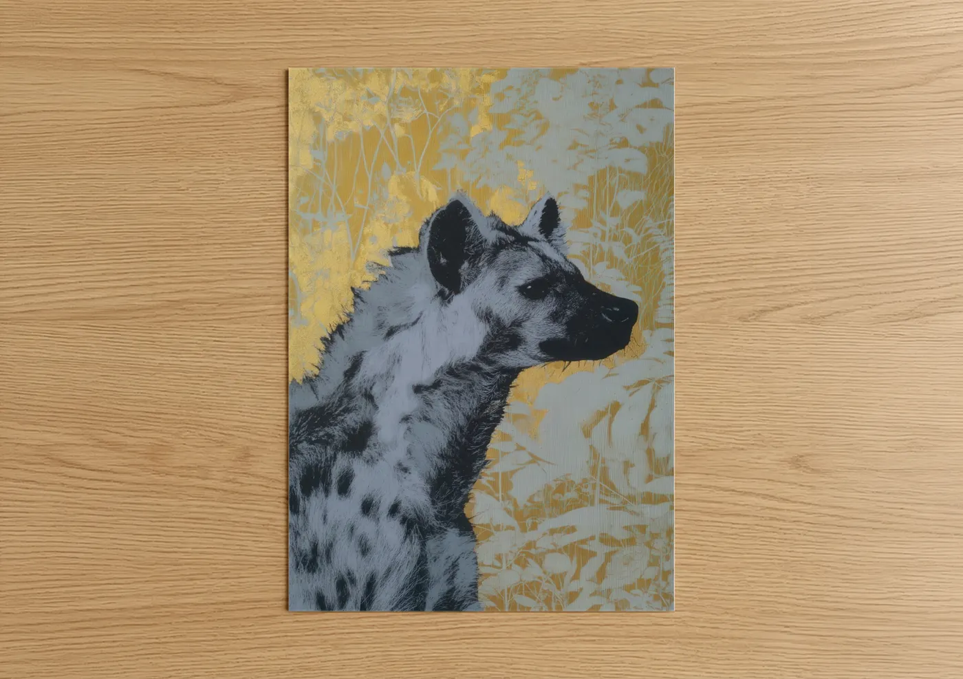 Art print on warm oak wood — gold and black and white palette — Golden Hyena poster