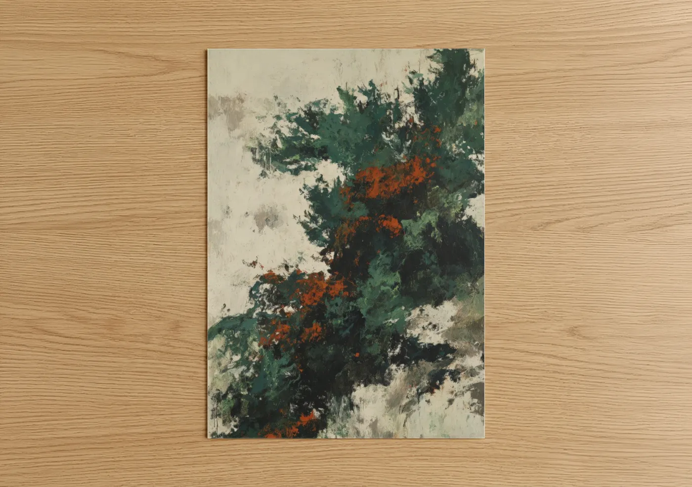 Art print on warm oak wood — dark green and russet palette — Rustic Cypress Tree poster