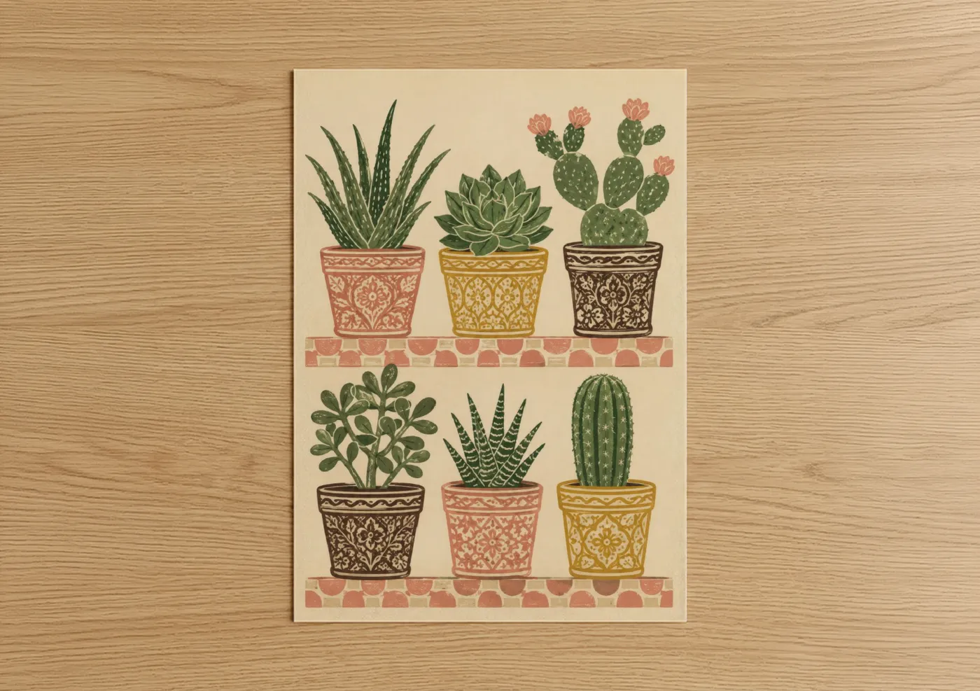 Cactus art print on warm oak wood — beige and green palette — Decorative Potted Succulents Wall Art poster