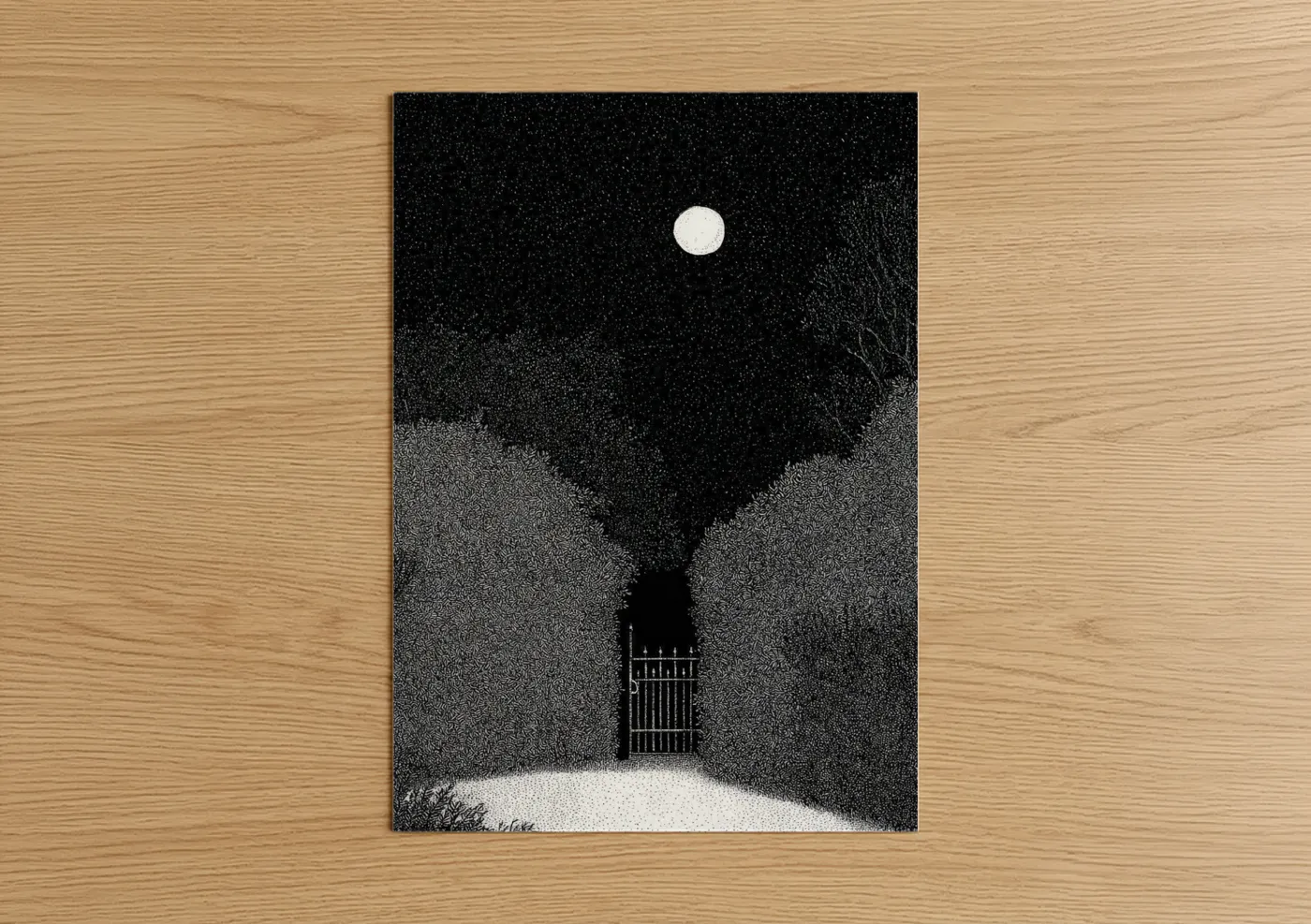 Art print on warm oak wood — black and white palette — Moonlit Gate poster