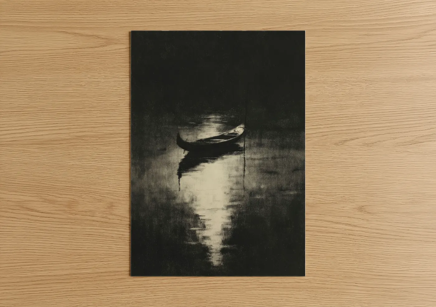 Art print on warm oak wood — black and white palette — Moonlit Gondola poster