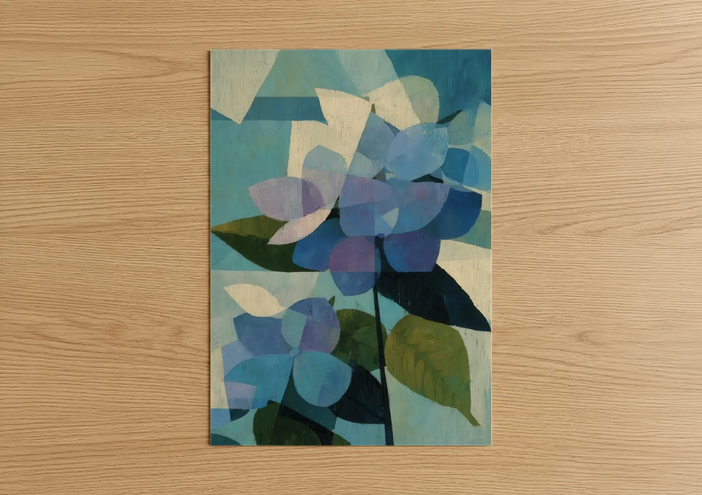 Art print on warm oak wood — teal and blue and gray palette — Abstract Hydrangea poster