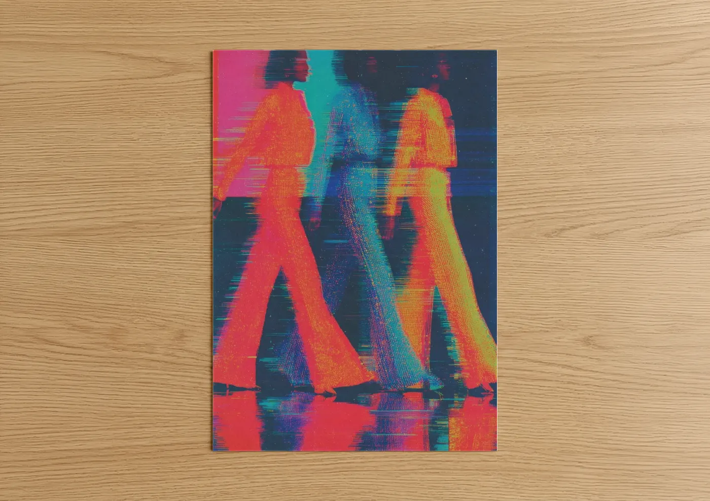 Retro fashion art print on warm oak wood — magenta and royal blue palette — Neon Fashion Trio poster