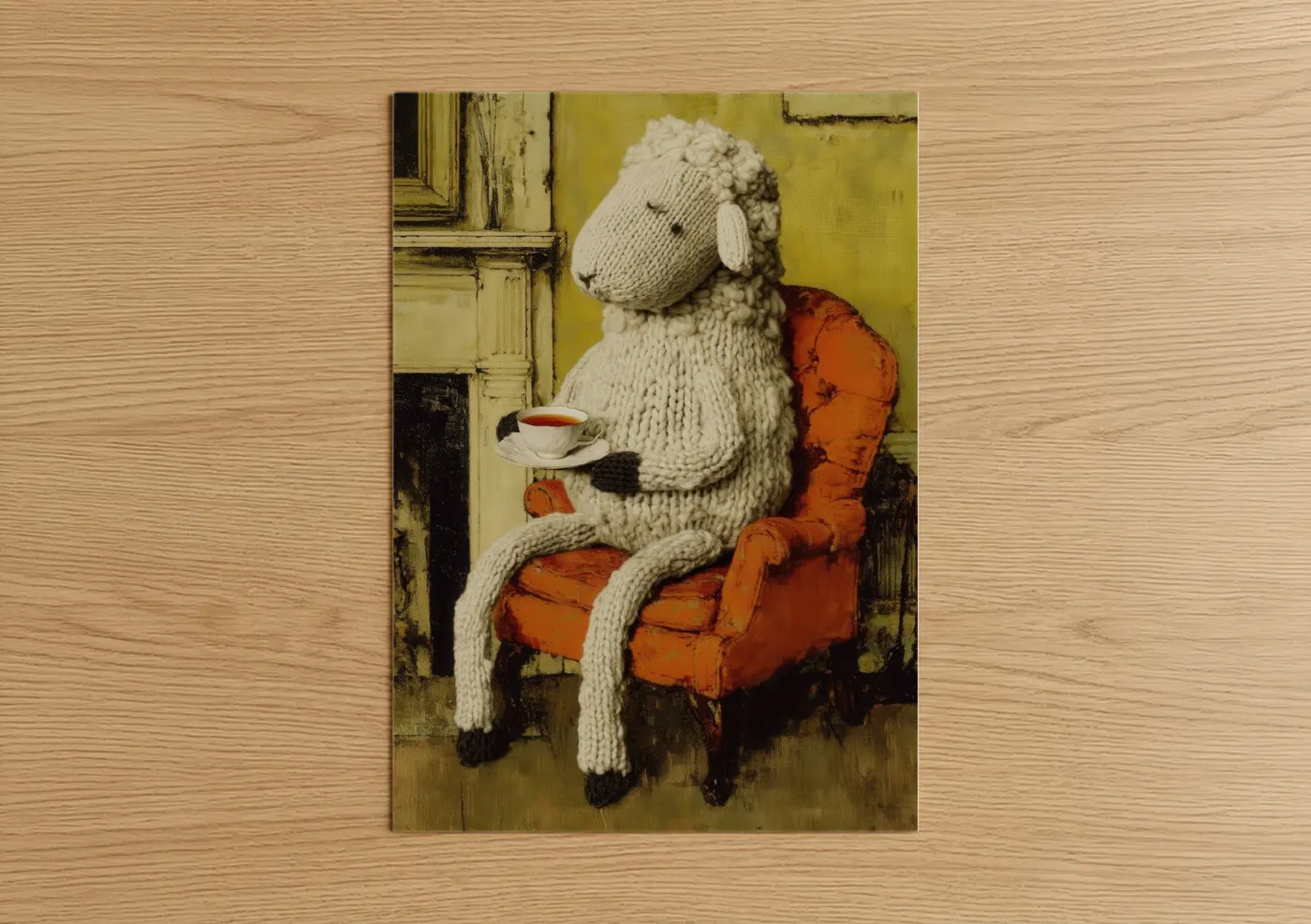 Cozy Sheep With Tea Cup Illustration Wall Art