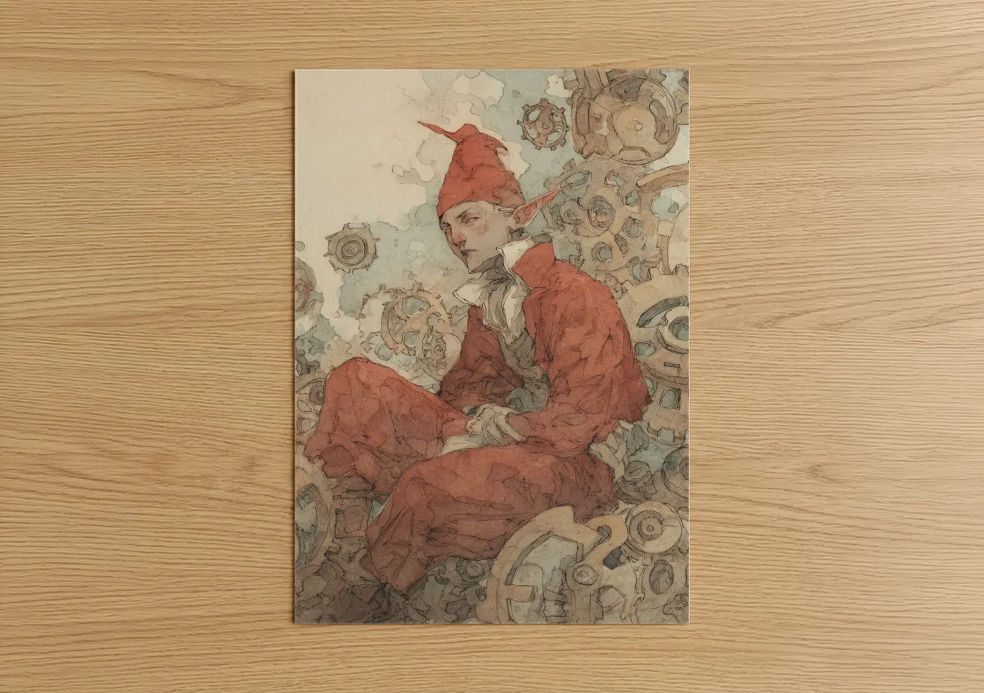 Crimson Gnome With Mechanical Gears Wall Art