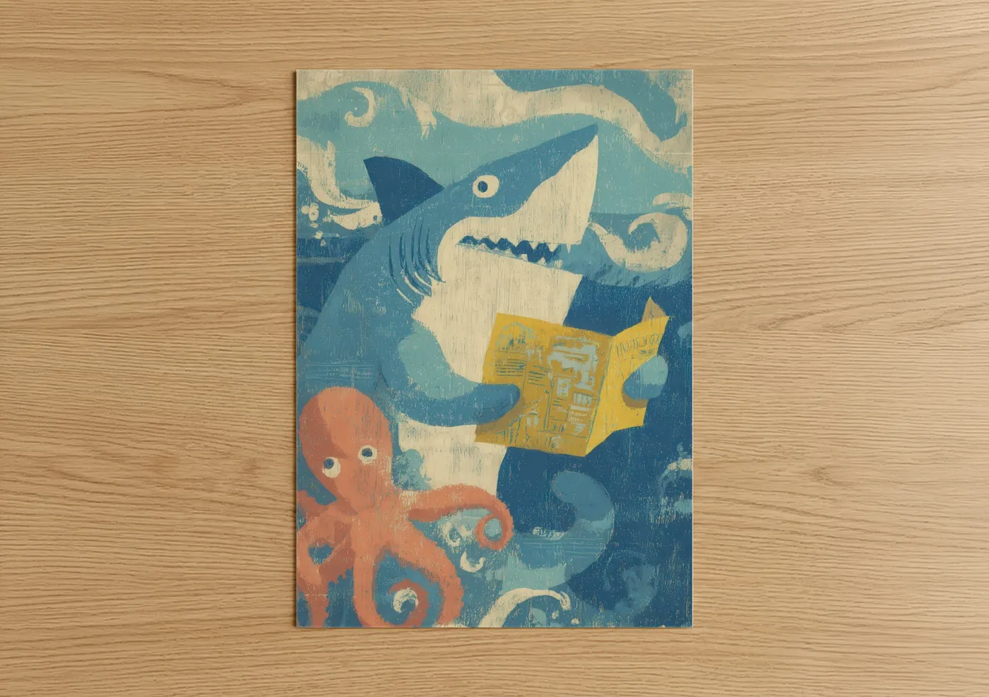 Whimsical Blue Shark Reading Illustration Wall Art