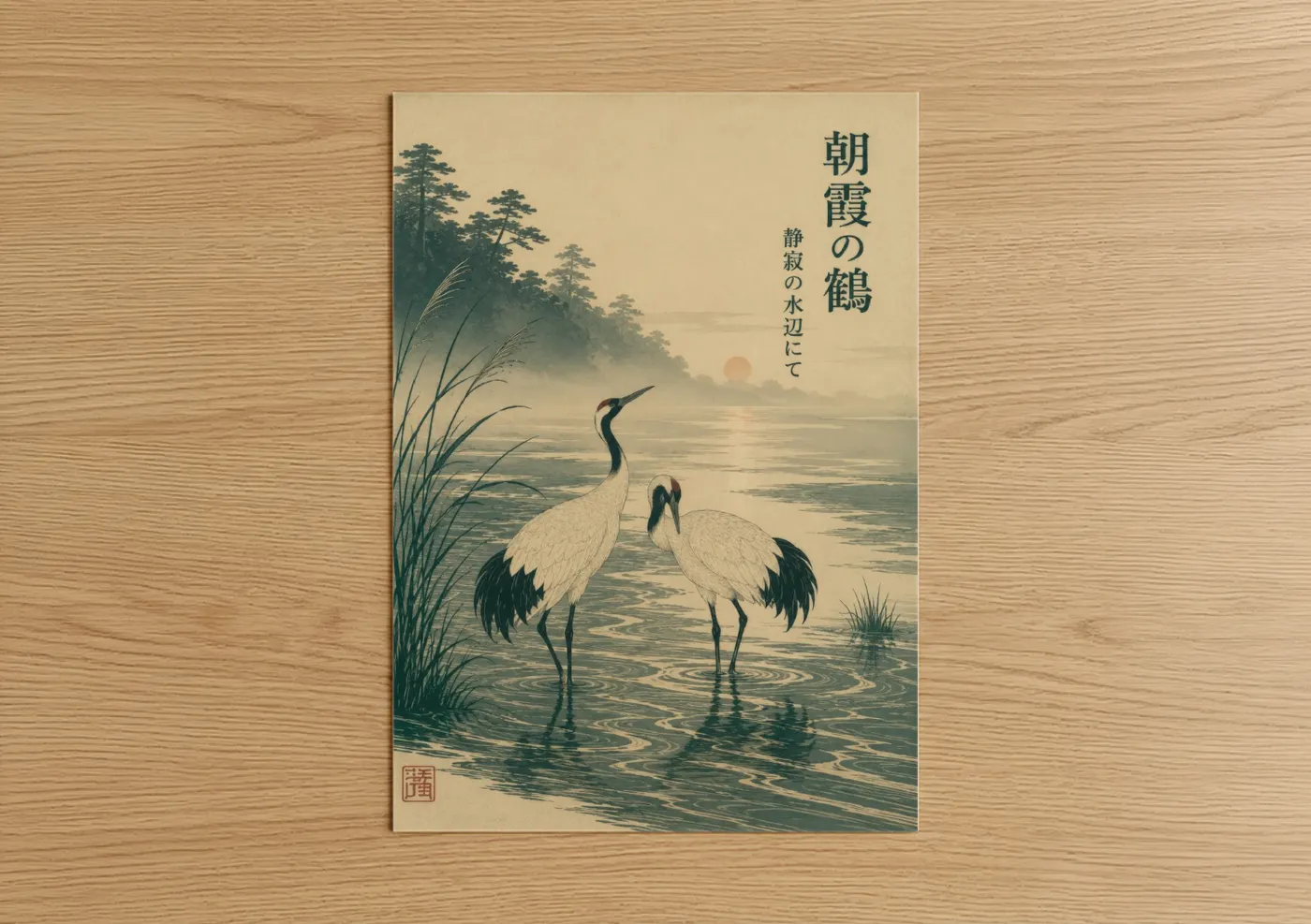 Art print on warm oak wood — beige and sage green palette — Japanese Crane Sunrise River Wall Art poster