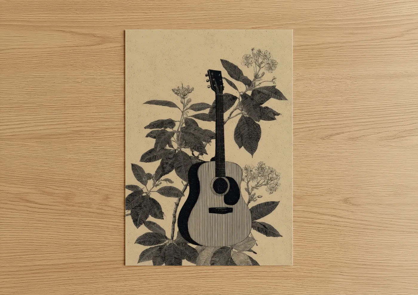 Acoustic guitar art print on warm oak wood — black and white and beige palette — Botanical Guitar poster