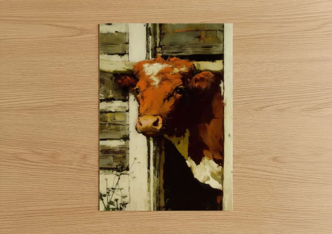 Longhorn cow art print on warm oak wood — russet and cream palette — Barn Longhorn poster