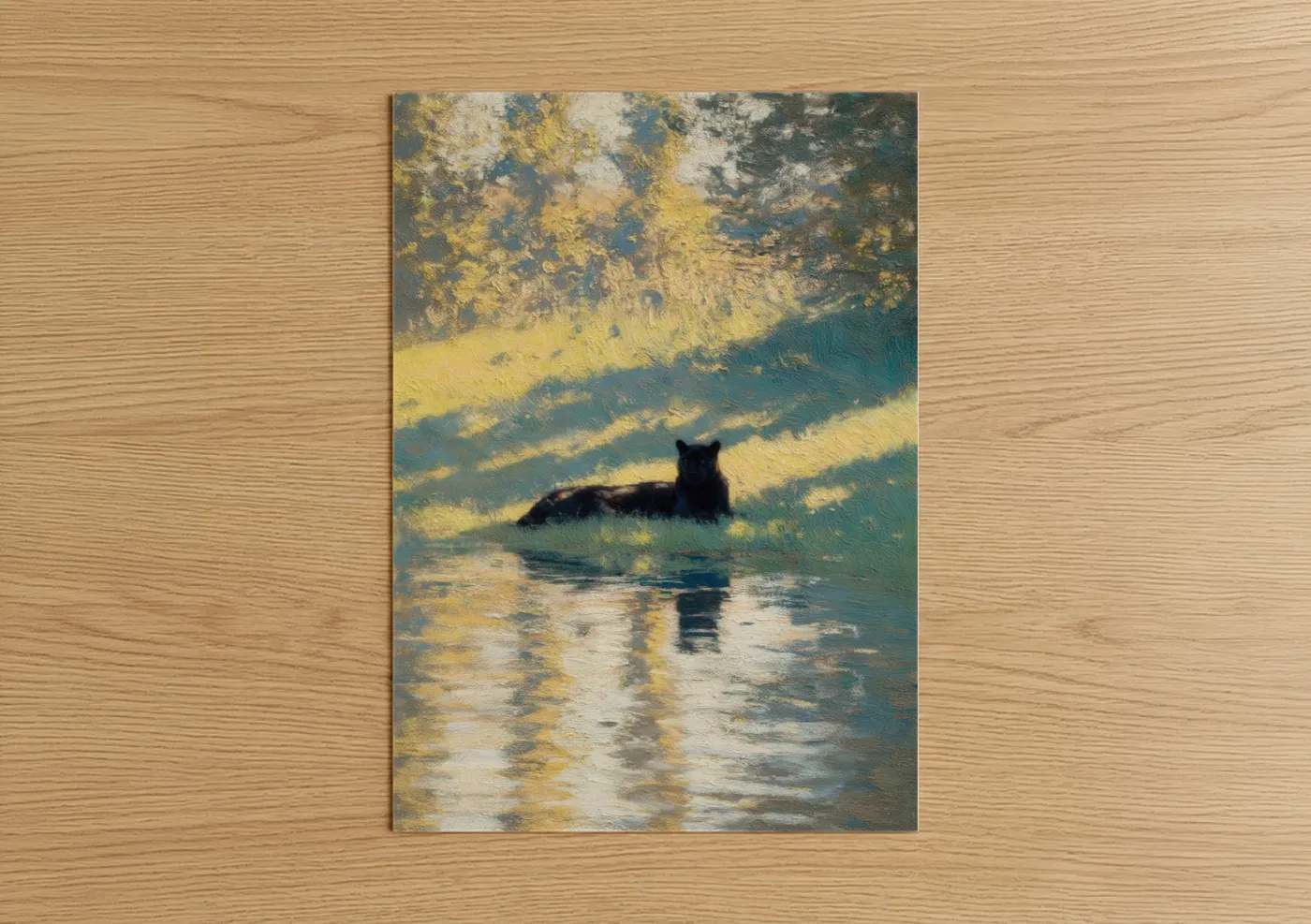 Art print on warm oak wood — yellow gold and teal palette — Golden Panther poster