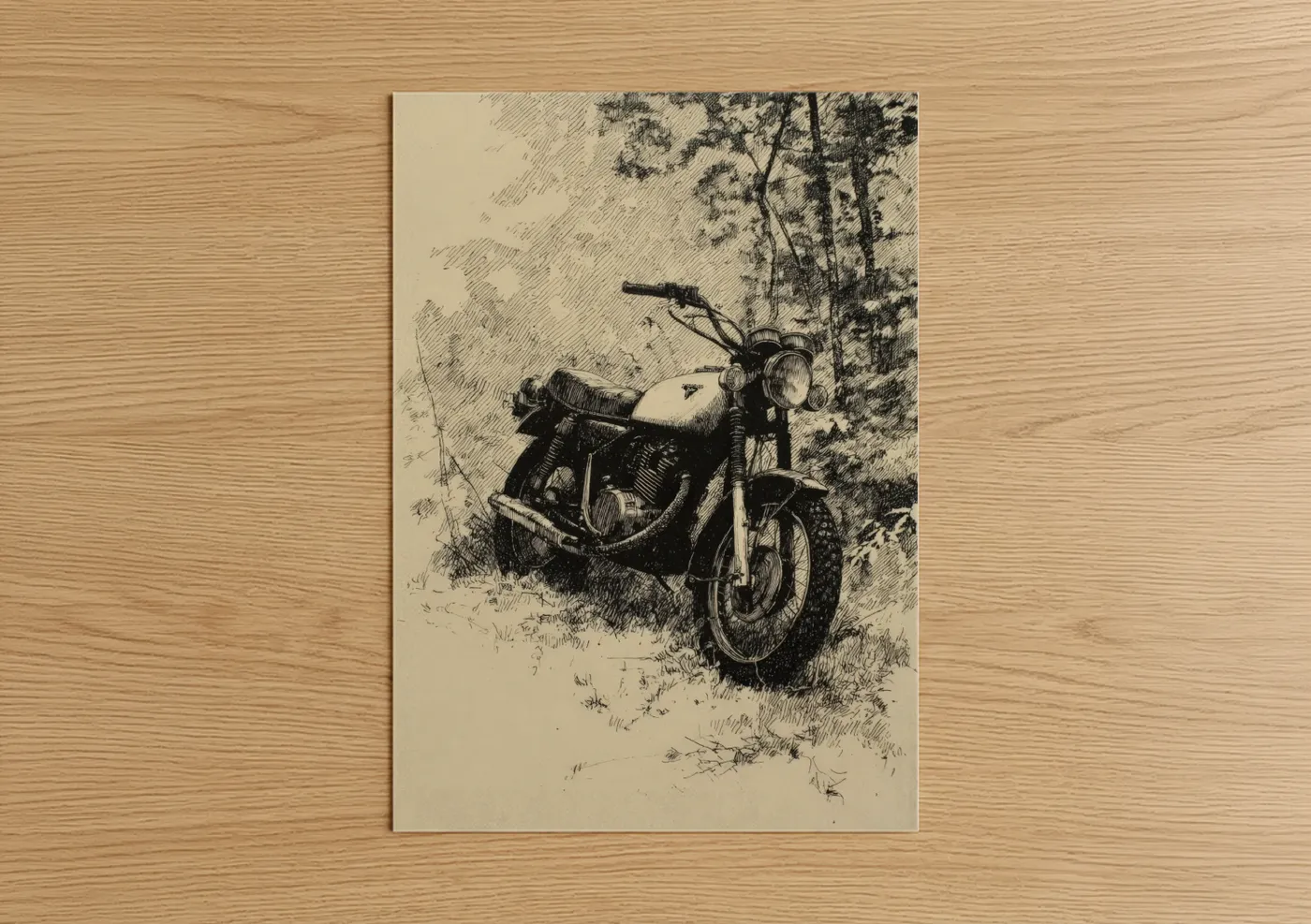 Vintage motorcycle art print on warm oak wood — black and white and cream palette — Forest Cruiser poster