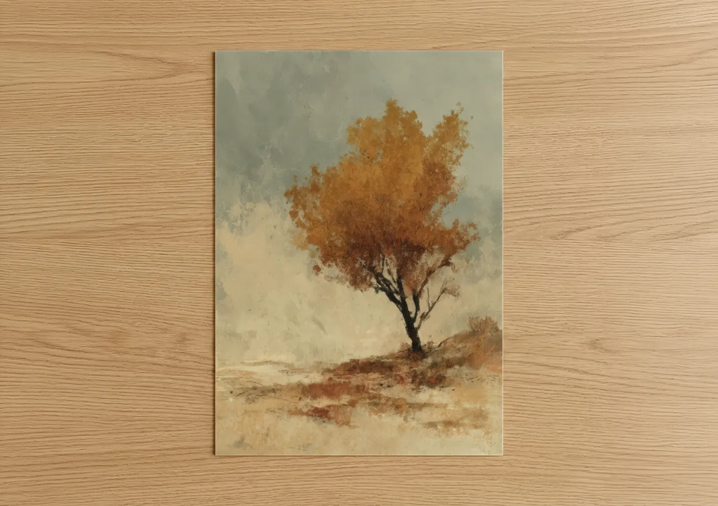 Savanna and desert trees art print on warm oak wood — russet and beige palette — Solitary Desert Tree poster