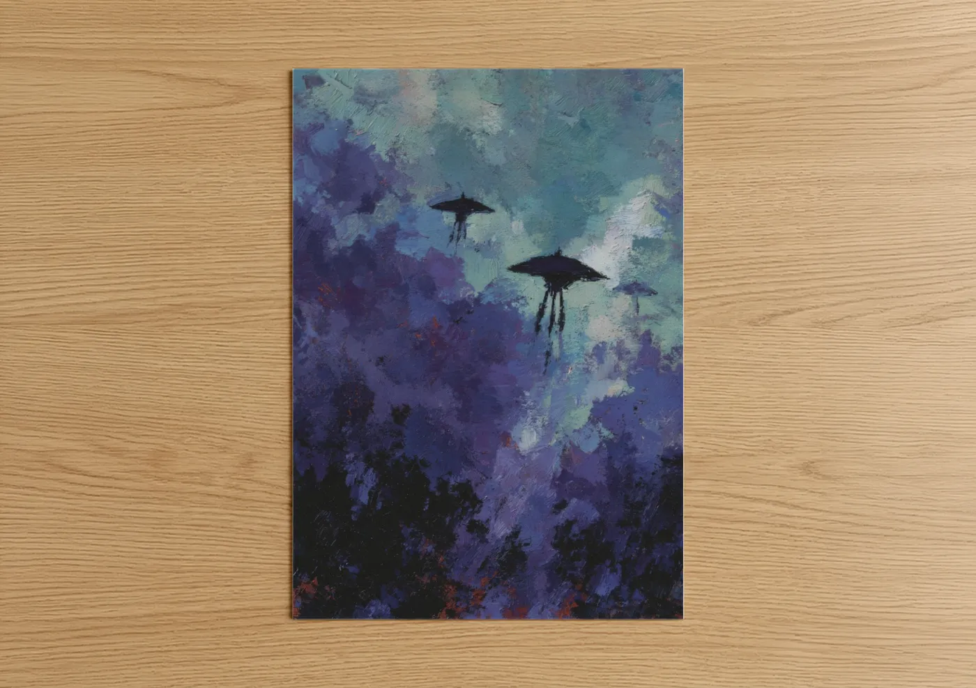 Ufo art print on warm oak wood — purple and teal palette — Alien Invasion Sky poster