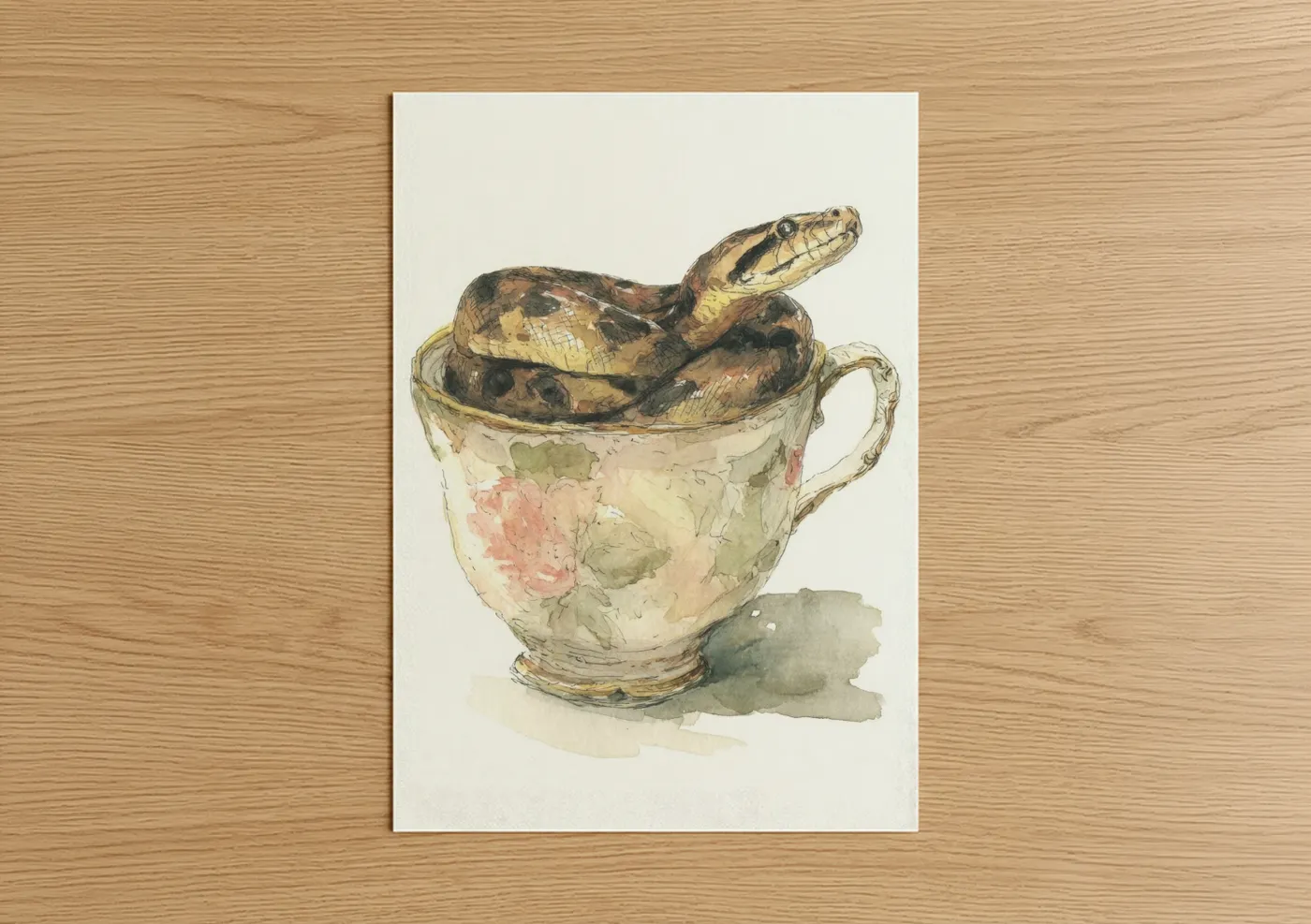 Coiled Python in Vintage Teacup Watercolor Wall Art