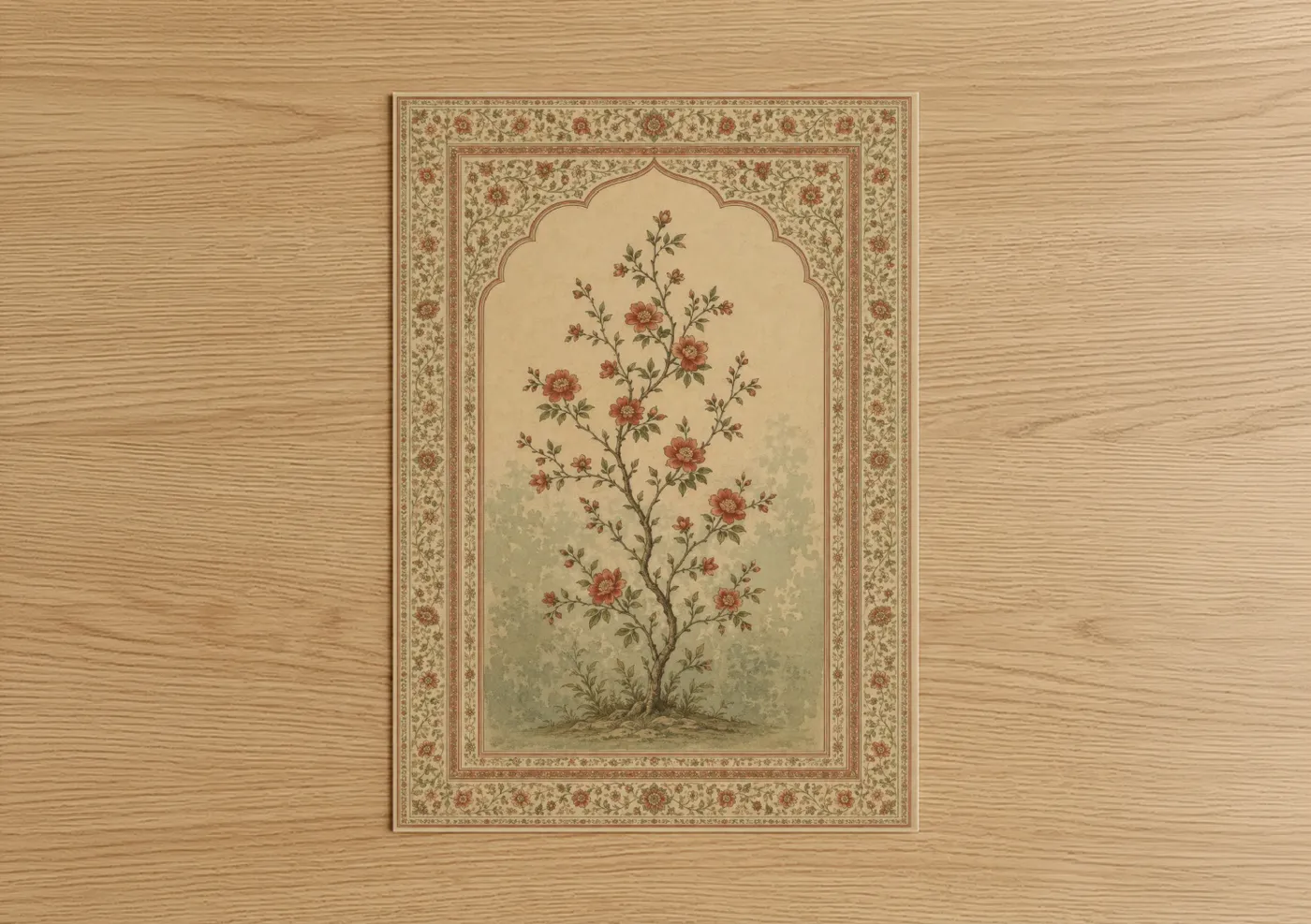Flower art print on warm oak wood — beige and russet palette — Persian Rose Garden Wall Art poster