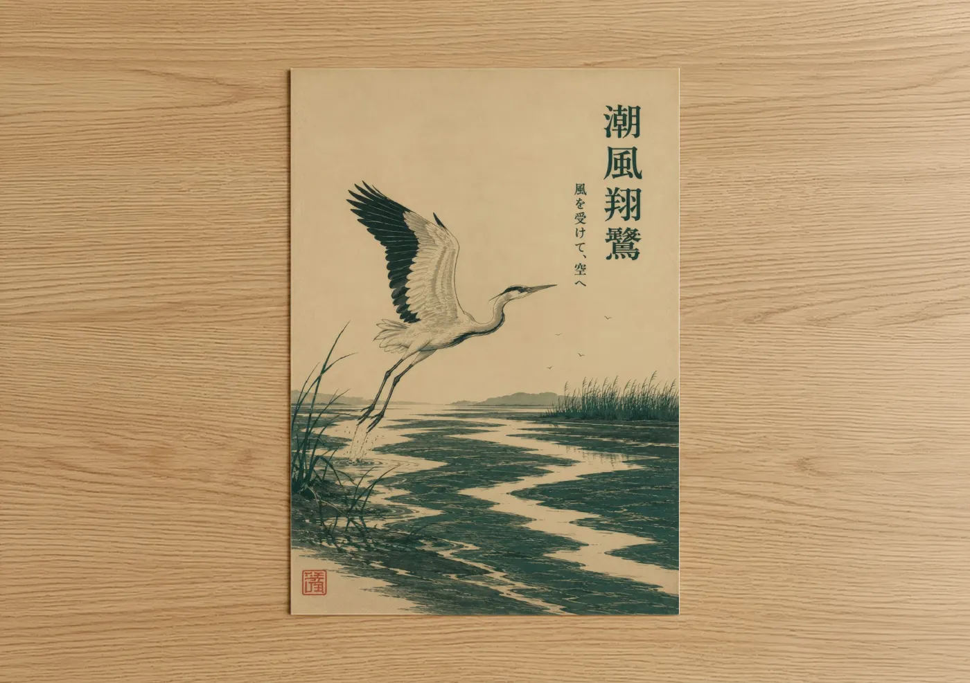 Art print on warm oak wood — beige and cream palette — Japanese Heron River Landscape Wall Art poster