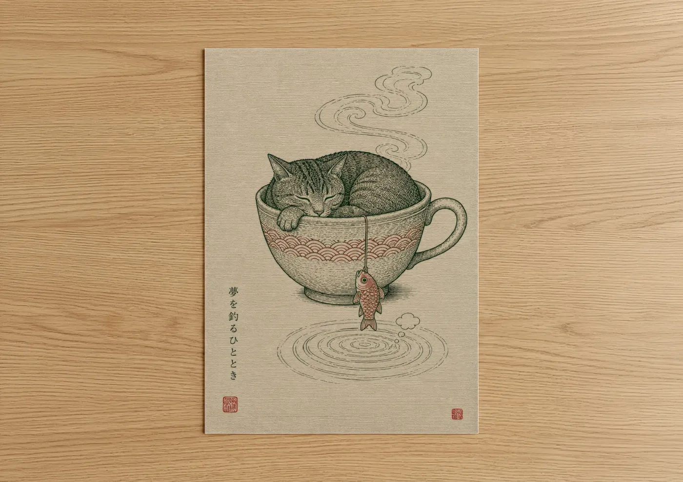 Art print on warm oak wood — beige and green palette — Japanese Tea Cup Cat Wall Art poster