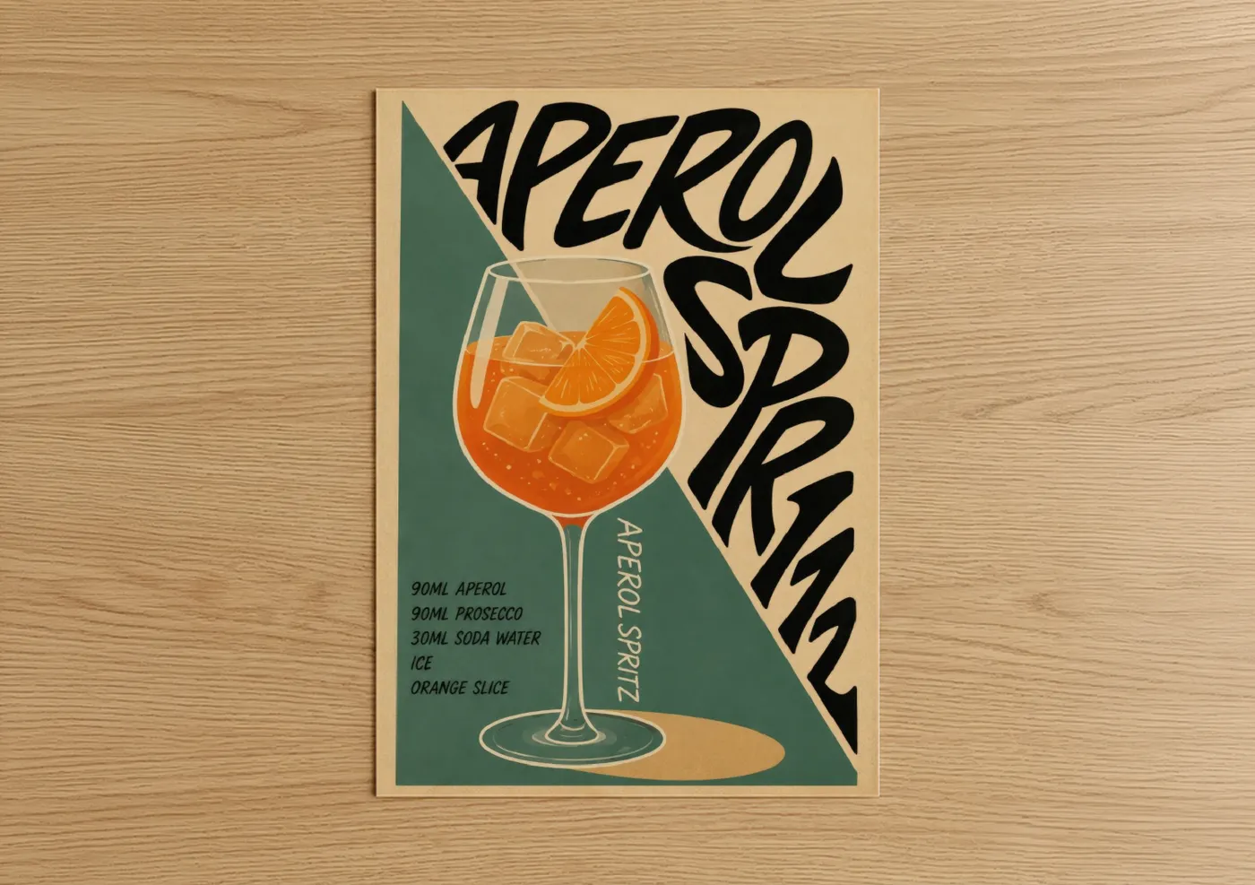 Art print on warm oak wood — orange and beige palette — Aperol Spritz Cocktail Retro Wall Art poster