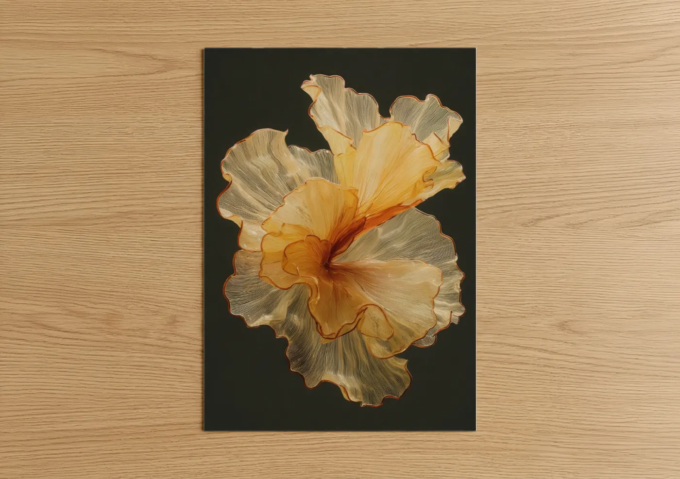 Art print on warm oak wood — gold and black palette — Golden Hibiscus poster