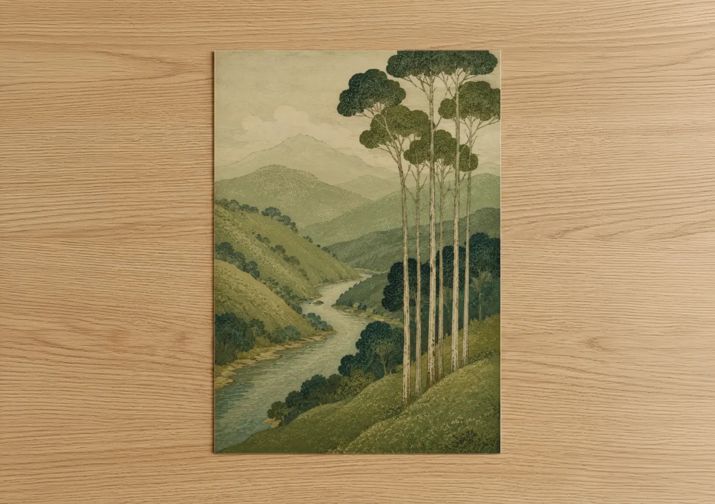 Rivers art print on warm oak wood — sage green and beige palette — Eucalyptus River Valley Landscape Wall Art poster