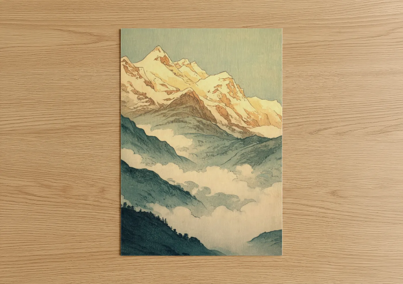 Himalayas art print on warm oak wood — cream and sage green palette — Alpine Peaks poster