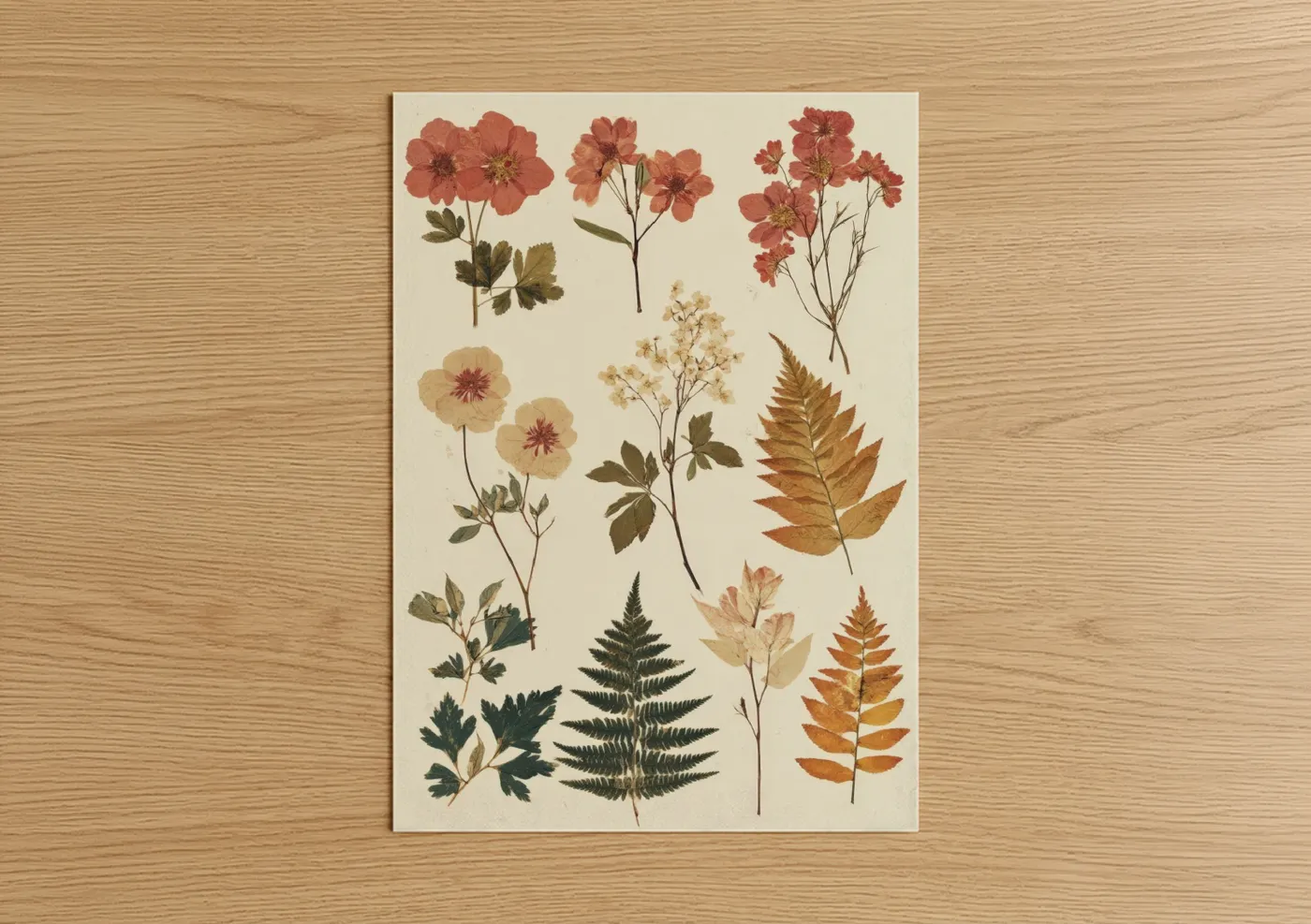 Leaf art print on warm oak wood — cream and russet palette — Botanical Study Collection poster