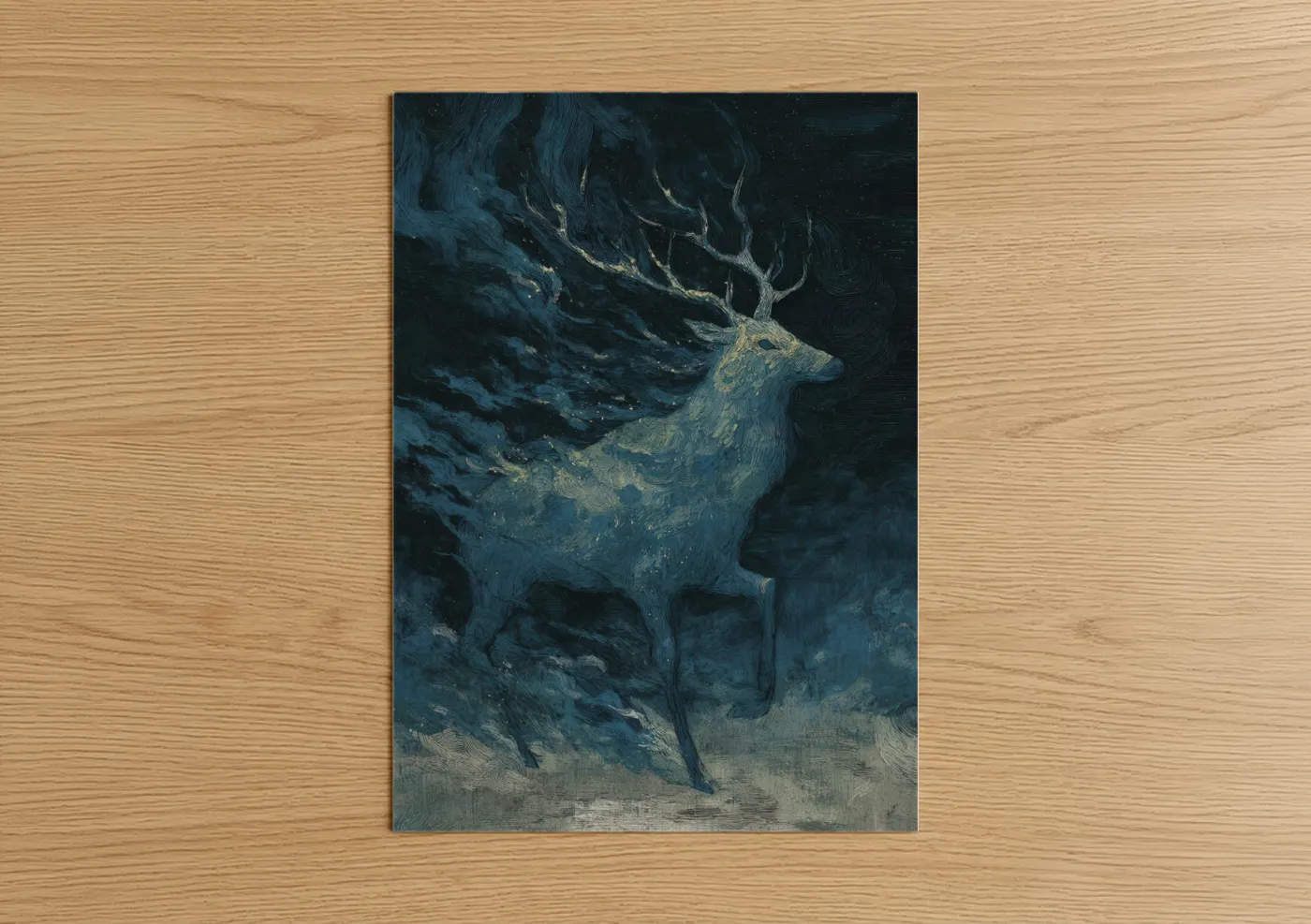 Art print on warm oak wood — blue and gold and dark blue palette — Ethereal Reindeer poster