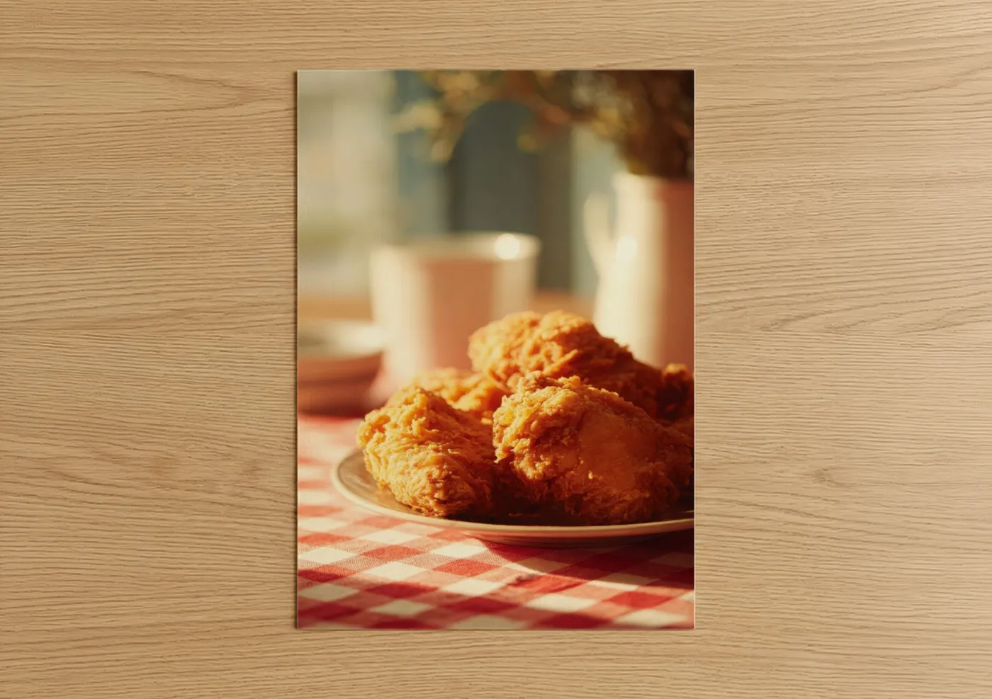 Poultry art print on warm oak wood — gold and cream palette — Golden Fried Chicken poster