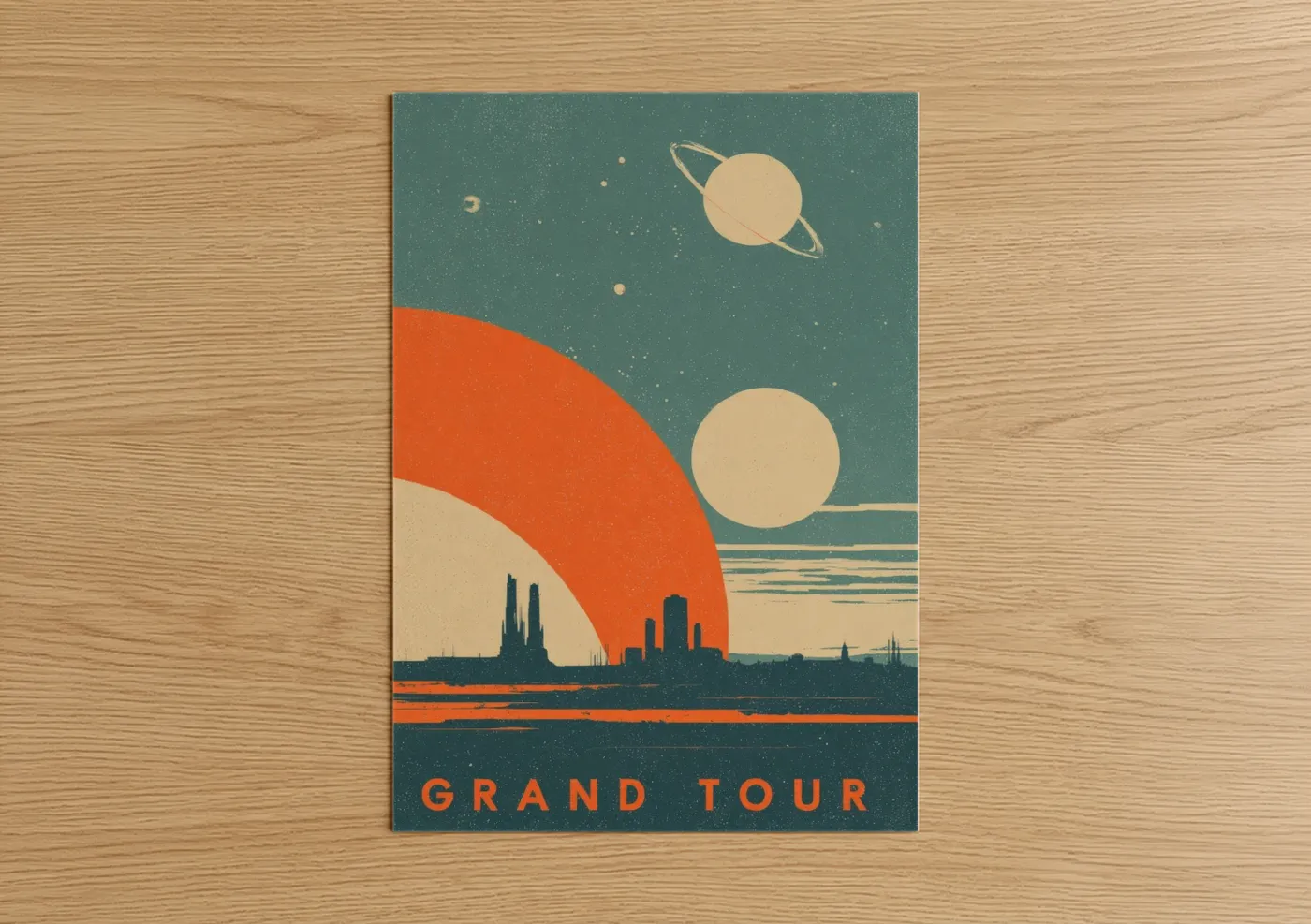 Solar system art print on warm oak wood — orange and teal palette — Cosmic Horizon poster