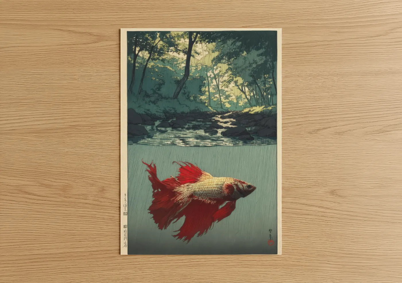 Fighting fish art print on warm oak wood — red and teal palette — Crimson Betta Stream poster