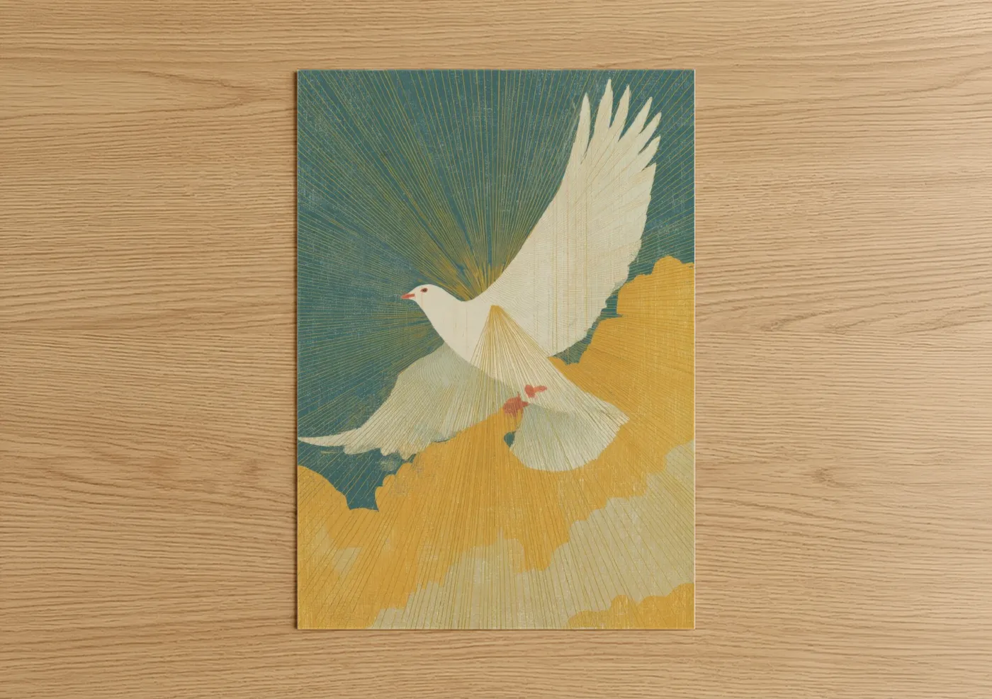 Christian symbols art print on warm oak wood — teal and gold palette — Ascending Dove poster