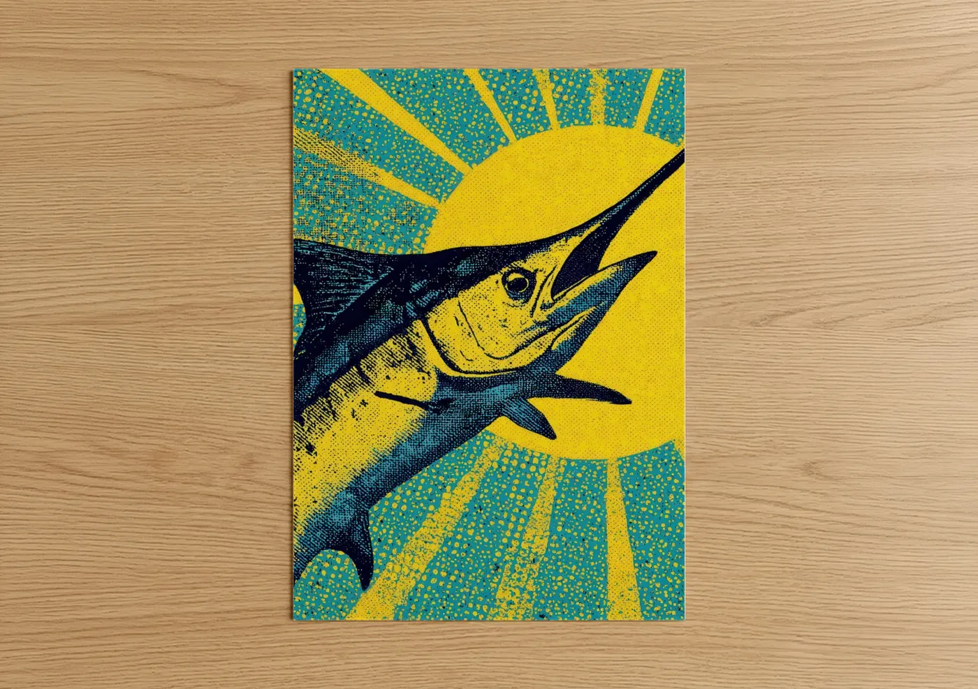 Blue marlin art print on warm oak wood — yellow gold and teal palette — Golden Marlin Sunrise poster