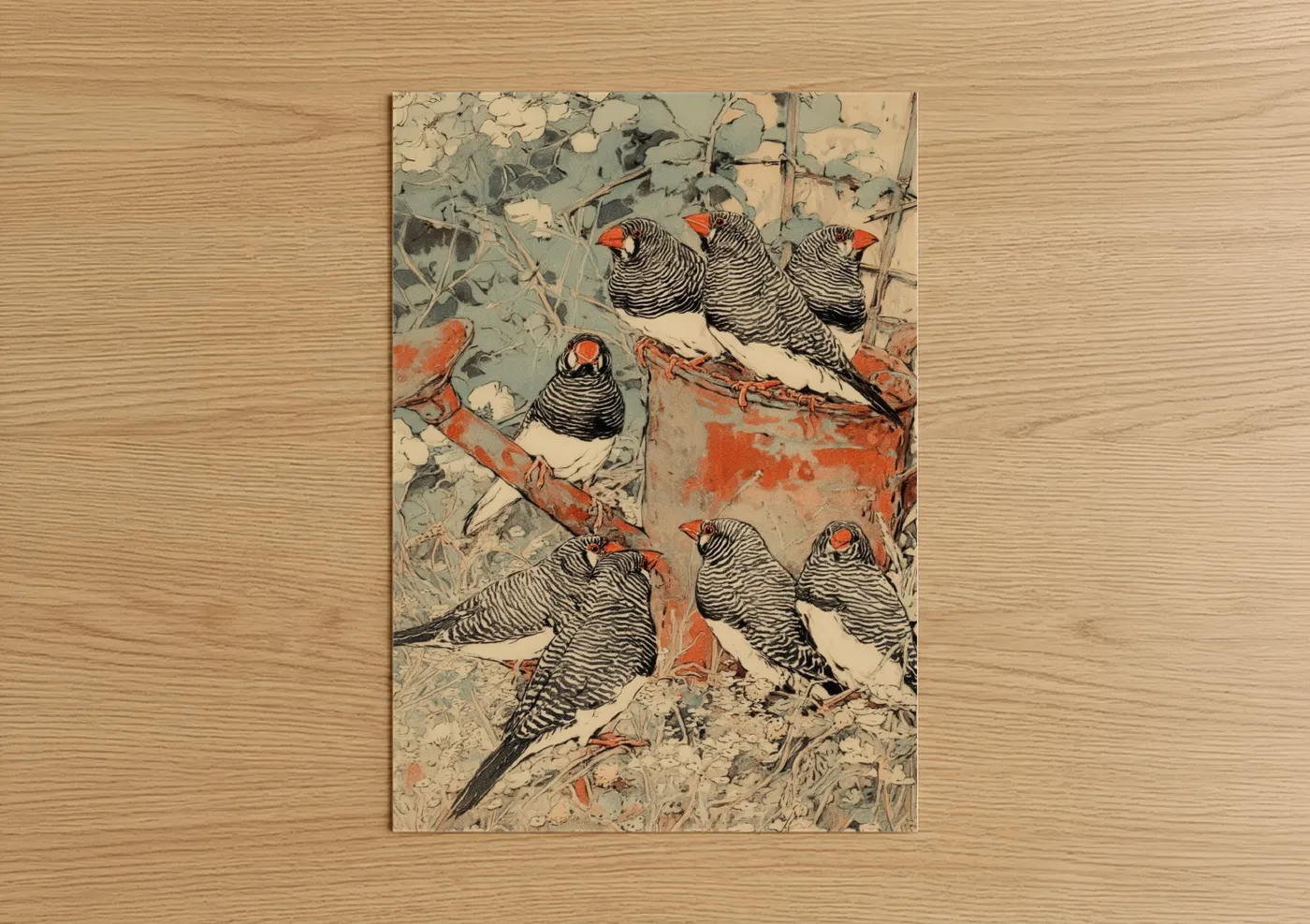 Red-Crowned Finch Flock Vintage Wall Art
