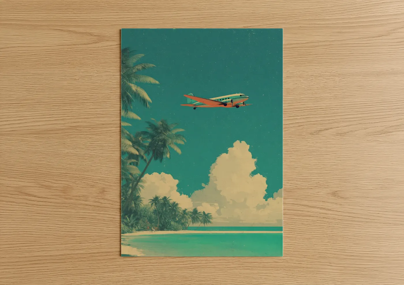 Commercial plane art print on warm oak wood — teal and cream palette — Tropical Getaway poster