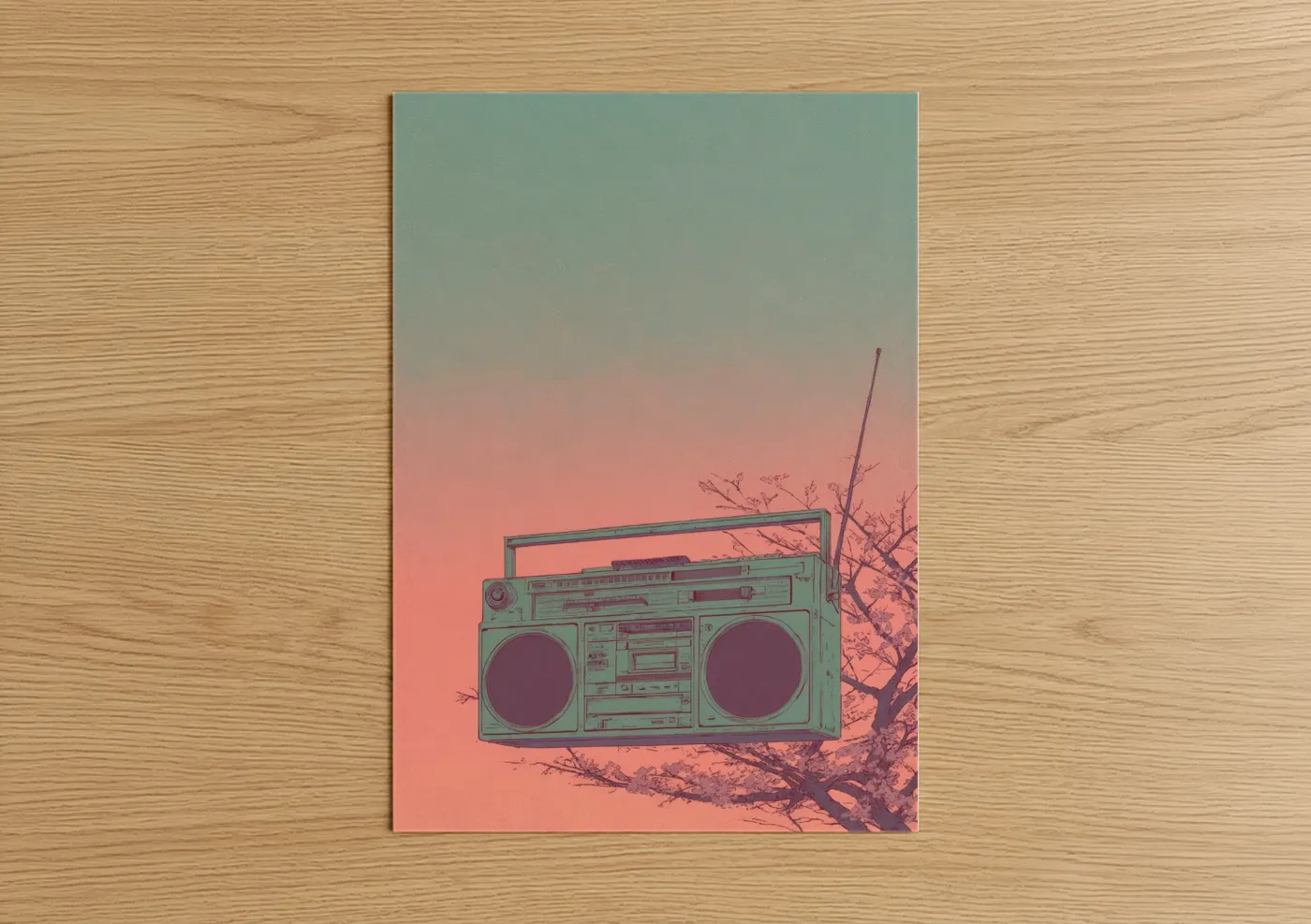 Art print on warm oak wood — teal and salmon pink palette — Retro Boombox Sunset poster