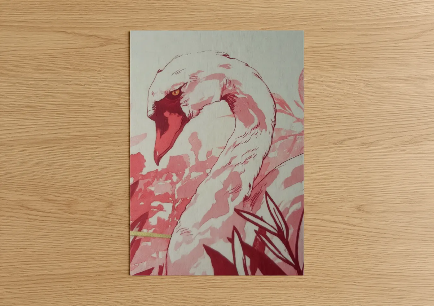 Art print on warm oak wood — pink and maroon palette — Crimson Swan poster