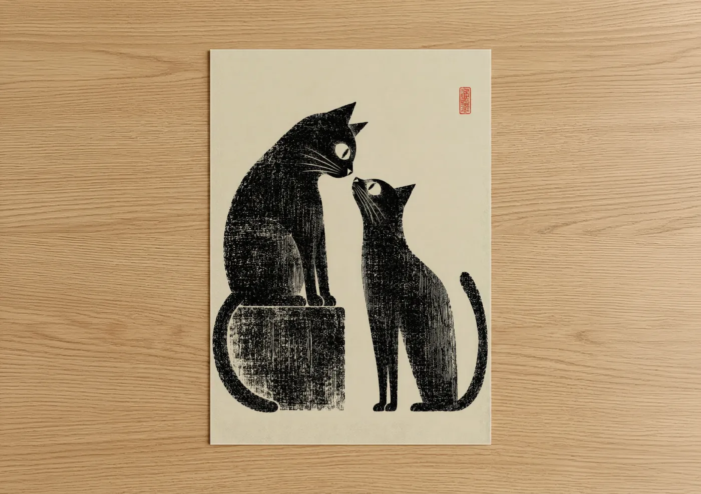 Art print on warm oak wood — black and white and beige palette — Japanese Black Cats Minimalist Wall Art poster