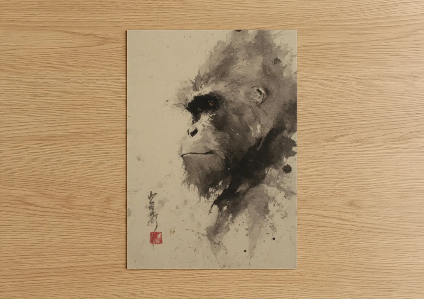 Art print on warm oak wood — beige and gray palette — Contemplative Orangutan poster