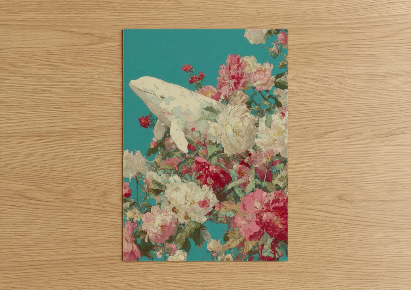 Beluga Whale Floral Garden Turquoise Wall Art