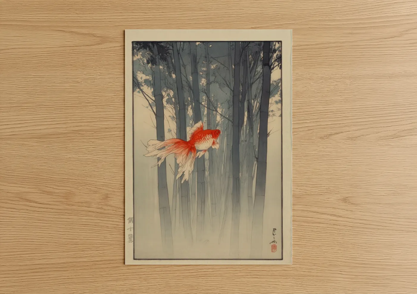 Art print on warm oak wood — red and gray palette — Crimson Goldfish poster